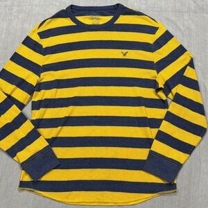 American Eagle Heritage Waffle  Thermal Shirt Men XXL Yellow‎ Blue Striped Y2K
